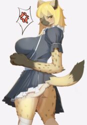 anthro anus ass barely_visible_anus blonde_hair blush bottomwear clothed clothing female fur hair hi_res hyaenid kemono looking_at_viewer mammal multicolored_body multicolored_fur raaggu skirt solo spots spotted_body spotted_fur spotted_hyena