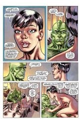 1boy 1girls after_sex alex_wilde ass back back_view barefoot black_hair brown_eyes butt comic comic_page dark-skinned_female dark_skin dialogue english erik_larsen feet female green_skin green_skinned_male hairy hairy_chest hairy_male image_comics in_bed light-skinned_female light_skin male naked naked_female naked_male nude nude_female nude_male official_art on_bed savage_dragon savage_dragon_(character) short_hair sideboob