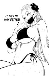 1girls armwear big_breasts bikini bikini_bottom bikini_top black_and_white black_bikini black_sclera blush bottomwear breasts ear_piercing earrings english english_text face_mask female female_only flower flower_in_hair heart hearts high_resolution highres hips huge_breasts kaijin_hime_do-s long_hair monochrome mostlybluewyatt one-punch_man sharp_teeth smile solo solo_female swimwear teeth teeth_showing text topwear wet wet_body wet_skin white_eyes white_hair
