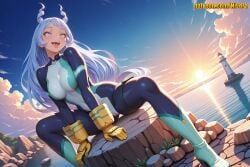 1girl ai_generated blue_bodysuit blue_eyes blue_hair blue_sky blush bodysuit boku_no_hero_academia boots breasts cloud covered_collarbone covered_navel day drill_hair dutch_angle gloves hadou_nejire hair_horns horizon horns impossible_bodysuit impossible_clothes large_breasts light_blue_hair lighthouse long_hair looking_at_viewer medium_breasts multicolored_bodysuit multicolored_clothes my_hero_academia nejire_hado nivora ocean open_mouth outdoors rock sitting skin_tight sky smile solo spread_legs sun sunlight sunrise sunset superhero teeth thigh_strap thighs tight_clothes tongue tongue_out twin_drills very_long_hair weapon yellow_gloves