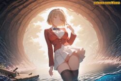 1girl ai_generated ass_visible_through_thighs black_thighhighs blazer blonde_hair blue_bow blue_bowtie bow bowtie breasts buttons censored classroom_of_the_elite closed_mouth collared_shirt fisheye hair_intakes hairband jacket kushida_kikyou large_breasts long_sleeves looking_at_viewer medium_breasts miniskirt mosaic_censoring neck_ribbon nivora no_panties outdoors plant pleated_skirt pussy red_eyes red_jacket ribbon scenery school_uniform shirt short_hair skindentation skirt smile solo standing thigh_gap thighhighs thighs tree uncensored wading water white_hairband white_shirt white_skirt youkoso_jitsuryoku_shijou_shugi_no_kyoushitsu_e
