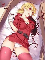 blonde_hair cleavage coffin gloves hellsing hellsing_ultimate military military_uniform miniskirt open_mouth pantyshot pencil_skirt red_eyes red_shirt red_skirt red_stockings seras_victoria skirt skirt_lift stockings tight_skirt vampire white_gloves white_panties