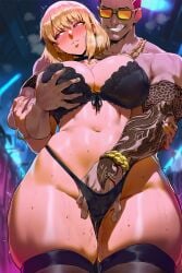 ai_generated arm_tattoo big_breasts black_lingerie blushing breast_grab cha_hae_in cheating dongsoo_hwang fingering fingering_pussy gold_bracelet gold_jewelry gold_necklace lingerie looking_away muscular_male necklace netorare ntr solo_leveling tagme thick_thighs wet_pussy wide_hips