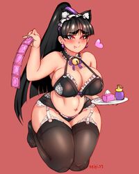 bedroom_eyes bell bell_collar belly black_bra black_hair black_legwear black_panties black_thighhighs blush cat_ears chubby collar condom condom_packet_strip condoms earrings ebino_mei garter_belt garter_straps garters hatsukoi_zombie heart heart-shaped_pupils holding_plate imminent_sex keigi_(artist) kneeling lace lace-trimmed_bra lace-trimmed_panties lace-trimmed_thighhighs large_breasts lingerie long_hair looking_at_viewer lube on_knees plump ponytail sex_toy small_waist thick_eyebrows thick_thighs tongue_out wide_hips