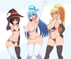 3girls aqua_(konosuba) big_breasts bikini black_bikini black_thighhighs blonde_hair blue_eyes blue_hair blushing brown_hair darkness_(konosuba) embarrassed female female_only flat_chest gloves goddess huge_breasts kono_subarashii_sekai_ni_shukufuku_wo! long_hair megumin micro_bikini multiple_girls pale-skinned_female pale_skin ponpo red_eyes small_breasts thick_thighs thighhighs thighs voluptuous white_gloves white_thighhighs wide_hips