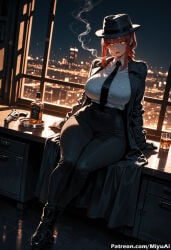 1girl ai_assisted ai_generated bangs belt black_footwear breasts chainsaw_man cigarette crossed_legs curvaceous curvy curvy_female curvy_figure female hat jacket large_breasts long_hair looking_at_viewer makima_(chainsaw_man) miyuai mouth_hold necktie night police red_hair shirt sitting smoke smoking solo thick thick_ass thick_butt thick_hips thick_legs thick_thighs voluptuous voluptuous_female white_shirt wide_hips wide_thighs yellow_eyes