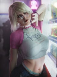 1girls 3d 3d_(artwork) arm_up ashley_graham ashley_graham_(ella_freya) belt big_breasts blonde_female breasts female female_only glasses green_eyes hi_res kolas3d midriff midriff_baring_shirt navel pants resident_evil resident_evil_4_remake round_breasts shirt solo_female tagme tight_clothing