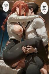 1boy 1girl ai_generated ass bangs black_neckwear black_pants blush braid braided_ponytail breasts breasts_outside brown_hair censored chainsaw_man clothed_sex collared_shirt erection girl_on_top heart hetero hi_res high_quality high_resolution large_breasts long_hair long_sleeves looking_at_another makima_(chainsaw_man) missionary necktie nipples office_lady open_mouth open_shirt pants patreon penis pussy seductive sex sexy shirt speech_bubble straddling sweat torn_clothes uncensored upright_straddle vaginal watermark white_shirt