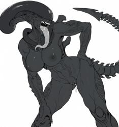 1girl ai_generated big_breasts long_tongue naked no_eyes simple_background white_background xenomorph