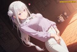 1girl 3girls 4girls ai_generated blunt_bangs blush braid breasts closed_mouth clothing_cutout crown_braid dutch_angle elf emilia_(re:zero) fingering flower frills grey_hair hair_flower hair_ornament hair_ribbon heart indoors long_hair long_sleeves low-tied_long_hair masturbation medium_breasts multiple_girls nivora own_hands_together pajamas pants patreon pointy_ears purple_eyes purple_ribbon purple_shirt re:zero_kara_hajimeru_isekai_seikatsu ribbon rose shirt short_hair silver_hair smile solo_focus standing very_long_hair white_flower white_hair white_pants white_rose x_hair_ornament