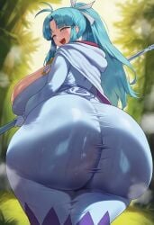 1girls ai_generated bedroom_eyes blue_eyes blue_hair blush butt clothed cute female_only gigantic_ass golden_sun large_ass large_breasts long_hair looking_at_viewer mia_(golden_sun) ponytail pov ribbon sexy_body smile solo steam sweat tharkica thick_thighs white_gloves wide_hips