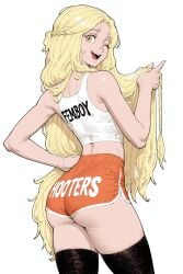 1boy 1femboy 2026 ai_generated ass black_legwear blonde_hair civitai crossdressing elden_ring femboy femboy_hooters feminine_male girly hooters hooters_uniform legwear looking_at_viewer looking_back midriff miquella one_eye_closed open_mouth orange_shorts shirt shorts simple_background solo thighs trap white_background white_shirt wink