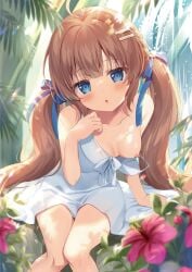 1girl breasts brown_hair dress exposed_breasts hair_ornament hair_ribbon highres natsuki_marina nipples no_bra one_breast_out open_clothes open_dress original small_breasts tied_hair twintails