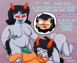 3some blow_job blowjob dark_skin dialogue face_sitting gray_hair homestuck june_egbert tentacle terezi_pyrope threesome vriska_serket yuri