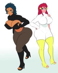 2girls big_breasts blue_eyes blue_hair blush bodysuit boots breasts corset hair heels high_heel_boots high_heels huge_breasts jay-marvel kaori large_breasts legwear light_skin nai original original_character original_characters original_characters_only outfit pantyhose pinup posing red_hair shirt simple_background tan_skin thigh_highs thighhighs veiny veiny_penis white_background