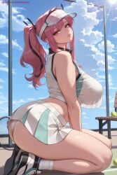 1girl ai_generated ass azur_lane bangs bare_shoulders blue_sky bow breasts bremerton_(azur_lane) bremerton_(scorching-hot_training)_(azur_lane) cloud crop_top crop_top_overhang day fence from_side grey_hair hair_ornament heart heart_necklace hi_res high_quality high_resolution huge_breasts kiraamane large_breasts long_hair looking_at_viewer mole mole_under_eye multicolored_hair panties patreon piercing pink_eyes pink_hair seductive see-through sexy shirt sky sleeveless sleeveless_shirt sportswear streaked_hair tennis_uniform twintails two-tone_hair uncensored underwear watermark x_hair_ornament