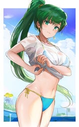 1girls bikini female fire_emblem fire_emblem:_the_blazing_blade green_hair long_hair looking_at_viewer lyn_(fire_emblem) lyndis_(fire_emblem) nintendo ormille ponytail solo swimsuit t-shirt tagme wet_shirt