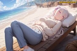 1girl ai_generated aran_sweater beach bench blue_pants blunt_bangs blush boat braid breasts bucket cable_knit cloud contemporary crown_braid day denim elf emilia_(re:zero) flower french_braid hair_flower hair_ornament hair_ribbon head_on_pillow jeans large_breasts long_hair long_sleeves looking_at_viewer lying medium_breasts nivora ocean on_back outdoors own_hands_together pants parted_lips patreon pillow pointy_ears purple_eyes purple_ribbon re:zero_kara_hajimeru_isekai_seikatsu ribbed_sweater ribbon rose sand ship shoes shore silver_hair sky solo sweater water watercraft white_flower white_footwear white_hair white_rose white_sweater x_hair_ornament