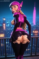 1girl ai_generated anus ass blonde_hair bodysuit breasts building city from_behind green_eyes hi_res high_quality high_resolution honey_lemon lips long_hair looking_at_viewer looking_back marvel_comics night nipples patreon public_nudity pussy seductive sexy smile solo spicytoonai torn_bodysuit torn_clothes uncensored watermark