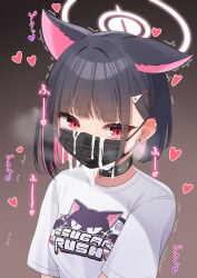 1girl absurdres animal_ears black_choker black_hair black_mask blue_archive cat_ears cat_girl choker colored_inner_hair commentary_request cum cum_in_mouth extra_ears halo heart highres kazusa_(band)_(blue_archive) kazusa_(blue_archive) mask mouth_mask multicolored_hair nari_(narikashi) official_alternate_costume pink_hair pink_halo print_shirt red_eyes shirt short_hair twitching two-tone_hair white_shirt