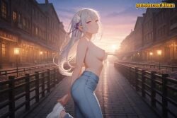 1girl ai_generated architecture arms_behind_back ass backlighting blue_pants blush braid breasts building closed_mouth cloud crown_braid denim elf emilia_(re:zero) evening flower from_side gradient_sky hair_flower hair_ornament hair_ribbon jeans lamppost leg_up long_hair looking_at_viewer looking_to_the_side medium_breasts nipples nivora outdoors pants patreon pointy_ears purple_eyes purple_ribbon purple_sky railing re:zero_kara_hajimeru_isekai_seikatsu ribbon rose scenery shoes silver_hair sky smile sneakers solo standing standing_on_one_leg sun sunset topless town twilight water white_flower white_footwear white_hair white_rose x_hair_ornament