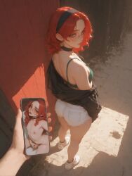 1femboy ai_generated bra bubble_butt choker denim_shorts femboy feminine_male glasses hannai jacket jacket_off_shoulders jacket_open jacket_partially_removed kneeling looking_back looking_back_at_viewer male masturbation otoko_no_ko outdoors phone phone_in_hand phone_screen pov red_hair selfie shorts small_penis sneakers solo solo_femboy standing trap