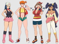4girls adapted_costume asymmetrical_hair bandana bare_legs baseball_cap beanie bike_shorts blue_eyes blue_hair blush boots breasts brown_hair cleavage cowboy_shot curvy dawn_(pokemon) denim denim_shorts glamour_works gloves green_eyes green_hair gym_leader hair_ornament hat hetero highres iris_(pokemon) kasumi_(pokemon) large_breasts legs legs_together lento lento_(glamour_works) long_hair looking_at_viewer may_(pokemon) miniskirt misty_(pokemon) multiple_girls navel nintendo nipples open_mouth orange_hair pants pink_footwear pokemon pokemon_(anime) pokemon_(classic_anime) ponytail red_hair red_scarf revision scarf shirt shoes short_hair short_shorts shorts side_ponytail simple_background skirt sleeveless smile sneakers socks standing suspenders tank_top thick_thighs thighs underboob underwear unzipped wide_hips yellow_shirt yellow_tank_top