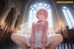 1boy 1girl ai_generated alternate_costume black_ribbon blush breasts bridal_veil candle candlestand church clenched_teeth clothed_female_nude_male clothed_sex cowgirl_position girl_on_top hair_flower hair_ornament hair_over_one_eye hair_ribbon hetero indoors long_sleeves looking_at_viewer medium_breasts neck_ribbon nivora parted_lips patreon penis pink_eyes pink_hair pink_shirt pov purple_ribbon ram_(re:zero) re:zero_kara_hajimeru_isekai_seikatsu red_eyes ribbon sex shirt short_hair sitting skirt socks solo solo_focus spread_legs squatting_cowgirl_position straddling teeth thighs vaginal veil white_skirt window x_hair_ornament