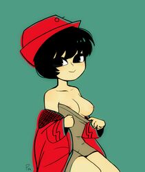 black_hair breasts female jucika nipple_slip nipples pac-man_eyes pira retro_artstyle retro_artstyle_(western) smile solo undressing