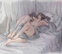 2boys ahoge alternate_hairstyle anal_fingering armpits artist_name barefoot bathrobe bed bed_sheet big_belly black_hair blanket blush carrying closed_eyes clothes_down couple curtains english_commentary feet fingering grandmaster_of_demonic_cultivation hair_down hand_on_another's_head hand_on_another's_waist heavy_breathing hickey highres indoors kneeling lan_wangji licking licking_nipple long_hair looking_at_another lying male_focus male_pregnancy multiple_boys multiple_scars neombers nipple_stimulation nipples nude on_back on_bed open_clothes open_mouth open_robe parted_lips pectorals penis pillow pregnant robe scar scar_on_back sidelocks signature sucking_male_nipple sweat toes wei_wuxian white_robe yaoi