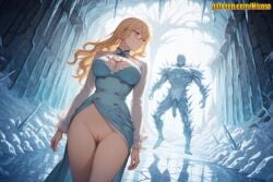 1boy 1girl ai_generated arms_at_sides ass_visible_through_thighs blonde_hair blue_dress blue_theme breasts censored cleavage cleavage_cutout cleft_of_venus closed_mouth clothes_lift clothing_cutout crystal dress dress_lift frilled_sleeves gina_(solo_leveling) glasses hair_between_eyes ice large_breasts long_hair long_sleeves looking_at_another mosaic_censoring nivora no_panties penis pussy pussy_juice red-framed_eyewear reflection reflective_floor side_slit snow solo solo_leveling standing thigh_gap tree uncensored wavy_hair yellow_eyes