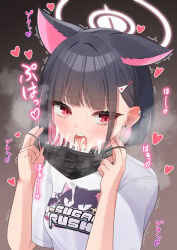 1girl absurdres animal_ears black_choker black_hair black_mask blue_archive cat_ears cat_girl choker colored_inner_hair commentary_request cum cum_in_mouth extra_ears halo heart highres kazusa_(band)_(blue_archive) kazusa_(blue_archive) mask mouth_mask multicolored_hair nari_(narikashi) official_alternate_costume open_mouth pink_hair pink_halo print_shirt red_eyes shirt short_hair twitching two-tone_hair white_shirt