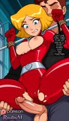 1boy 1girl 1girls ai_generated arms_up bdsm blonde_hair blue_eyes blurry_background bondage bound bound_arms bound_wrists breasts breasts_out cameltoe clenched_hands clenched_teeth clover_(totally_spies) english english_text faceless_male imminent_penetration imminent_rape imminent_sex lips medium_breasts nipples penis precum rasilinai restrained restrained_arms rope short_hair small_breasts spread_legs stable_diffusion tagme text torn_clothes totally_spies uncensored