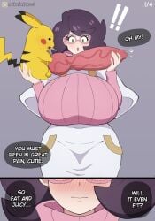 animal_genitalia animal_penis bestiality big_penis biped bottomwear breasts canine_genitalia canine_penis clothed clothing comic dialogue duo english_text female feral generation_1_pokemon genitals hi_res huge_penis human human_on_feral hyper hyper_genitalia hyper_penis interspecies knot knotted_penis male male/female mammal nintendo notkadraw penis pikachu pokemon pokemon_(species) size_difference smaller_male speech_bubble tail text topwear vein veiny_penis white_clothing wicke_(pokemon) yellow_body zoophilia