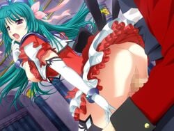 1boy 1girl 2000s_(style) aqua_hair ass ayahime_kurumi blush bow bracelet breasts breasts_out censored clothed_sex dress elbow_gloves finger_to_mouth frills game_asset gloves green_hair hair_ribbon hetero jewelry large_breasts lemmtear_theta long_hair looking_back magical_girl mahou_senshi_(series) mahou_senshi_lemmtear_knights mosaic_censoring nipples no_panties non-web_source official_art open_mouth penis purple_eyes pussy_juice reverse_cowgirl_position ribbon saitou_natsuki self-datamine sex sex_from_behind skirt solo_focus straddling thighhighs vaginal variant_set visual_novel_cg white_gloves