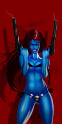 1girls 2009 big_breasts blue_skin breasts cleavage duberdurm female gun marvel mystique red_hair solo underboob x-men