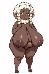 1girls afro areolae armpit_crease beige_hair belly belly_overhang blush braided_sidelocks brown_eyes caprine cleft_of_venus completely_nude_female curvy_hips dark-skinned_female fat_belly half-closed_eyes hands_on_breasts hooves huge_breasts long_breasts medium_hair monster_girl neck_ruff nipples overweight_female pear-shaped_figure personification pokemon pussy sagging_breasts short_bangs simple_background smutma solo swept_bangs white_background wide_hips wooloo