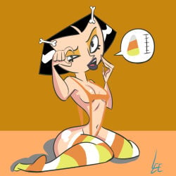 1girls 2018 big_breasts black_hair black_lipstick breasts female halloween lee-g-88 my_life_as_a_teenage_robot nickelodeon skimpy sling_bikini solo tiff_crust