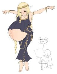 barefoot big_breasts blonde_hair blush braid braided_hair circlet cleavage closed_eyes elden_ring feet female female_only fetal_movement fromsoftware full_body hellbrain long_hair outie_navel posing pregnant queen_marika_the_eternal solo tiara tiptoes