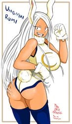 1girls ass bare_shoulders big_ass big_breasts breasts bunny_ears bunny_tail clothed clothed_female dark-skinned_female dark_skin dat_ass female female_only gloves hero_outfit_(mha) leotard long_hair miruko my_hero_academia open_mouth rabbit_ears red_eyes rumi_usagiyama solo solo_female teeth thatdamapache thick_thighs thighs uncensored white_hair