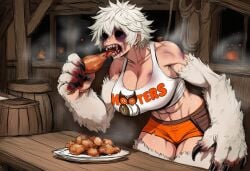 1girls abigail_(paigen) ai_generated black_eyes blood breasts claws clothed clothes clothing female food fur hollow_eyes hooters hooters_uniform horror horror_(theme) huge_breasts messy_hair monster_girl muscles muscular original original_character paigen pouch saliva sharp_teeth shirt short_hair shorts tall_female white_fur white_hair yeti yeti_girl