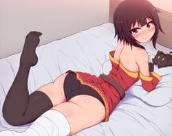 1girls ass big_ass big_butt black_panties black_thighhighs brown_hair bubble_butt chomusuke eye_contact feet female hat kono_subarashii_sekai_ni_shukufuku_wo! looking_at_viewer medium_hair megumin pale_skin panchira panchira_(lying) panties ponpo red_eyes smile thick_thighs thighhighs thighs wide_hips