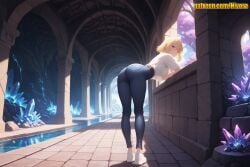 1girl ai_generated ass belt bent_over blonde_hair blue_pants breasts cha_hae-in cha_hae_in closed_mouth crystal denim from_behind full_body gem indoors jeans large_breasts leaning_forward leggings looking_at_viewer looking_back medium_breasts nivora pants pantylines pillar pool purple_eyes shirt shoes short_hair short_sleeves sneakers solo solo_leveling standing tight_pants tree water white_footwear white_shirt