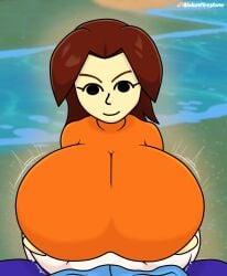1boy 1boy1girl 1girl1boy alolanfirestone alternate_breast_size beach big_breasts black_eyes bodysuit brown_hair high_resolution highres huge_breasts large_breasts light-skinned_female light-skinned_male mii mii_gunner mii_gunner_(smash_4) nintendo orange_clothing paizuri paizuri_under_clothes pov smile straight super_smash_bros. tomodachi_life tomodachi_life:_living_the_dream