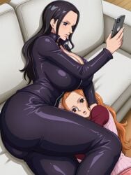 2girls ai_generated big_ass big_balls big_boobs big_breasts black_hair blue_eyes brown_eyes curvy curvy_body curvy_female curvy_figure female female_only huge_ass huge_breasts huge_butt jacket kyoru189 large_ass large_breasts large_butt light-skinned_female light_skin lying lying_on_side mature_female milf nami_(one_piece) nico_robin one_piece orange_hair pants phone shiny shiny_skin sofa solo solo_female
