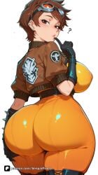 1girl ? ai_generated artist_name ass ass_grab black_gloves blizzard_entertainment bodysuit bomber_jacket breasts brown_eyes brown_hair brown_jacket ear_piercing earrings finger_to_mouth freckles from_behind gloves goggles goggles_on_head grabbing_own_ass huge_ass jacket jewelry large_breasts leather leather_jacket lena_oxton lips looking_at_viewer looking_back orange_bodysuit overwatch overwatch_2 parted_lips patreon piercing questionable senpai_pixels sensitive shiny short_hair simple_background skin_tight solo thick_thighs thighs tight tight_pants tracer tracer_(overwatch) white_background
