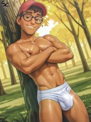 1male ai_generated bare_chest bulge cap crossed_arms dark dark-skinned_male dark_skin glasses hat male male_only miraculous_ladybug muscular muscular_male nino_lahiffe nipples questionable smelycheese smile smiling teeth teeth_showing white_underwear