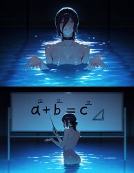 1girls ai_generated chainsaw_man female female_only green_eyes partially_submerged pool purple_hair reze_(chainsaw_man) reze_in_the_pool_(meme) tagme water