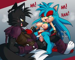 anthro becky_the_hedgehog blush breasts clothing cowgirl_position digital_media_(artwork) erection fan_character fangs female gloves greymelon hedgehog large_breasts male nipples penis purity_the_hedgehog pussy sonic_(series) text vaginal_penetration