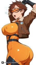 1girl ai_generated arms_up artist_name ass blizzard_entertainment bodysuit bomber_jacket breasts brown_eyes brown_hair covered_nipples ear_piercing earrings gloves goggles jacket jewelry large_breasts leather lena_oxton looking_at_viewer open_mouth orange_bodysuit overwatch overwatch_2 patreon piercing senpai_pixels sensitive short_hair simple_background solo stretching tracer tracer_(overwatch) white_background